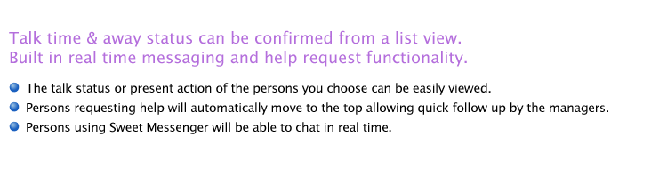 
Talk time & away status can be confirmed from a list view.
Built in real time messaging and help request functionality.

The talk status or present action of the persons you choose can be easily viewed.
Persons requesting help will automatically move to the top allowing quick follow up by the managers.
Persons using Sweet Messenger will be able to chat in real time.
