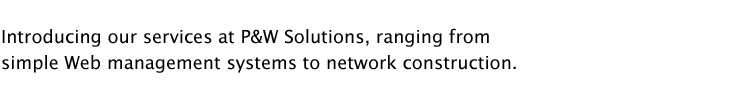 Introducing our services at P&W Solutions, ranging from simple Web management systems to network construction. Introducing our services at P&W Solutions, ranging from simple Web management systems to network construction.